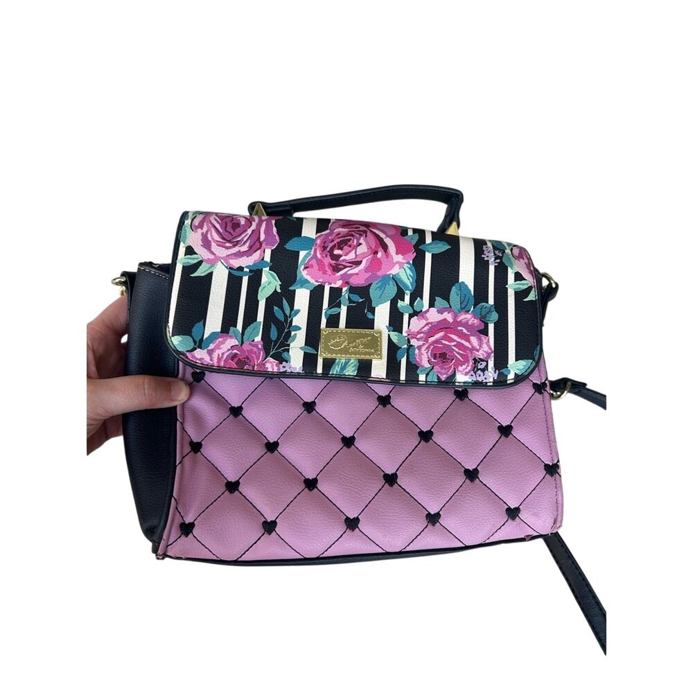 Betsey Johnson Luv Betsy Pink Black Floral Heart Handbag Crossbody